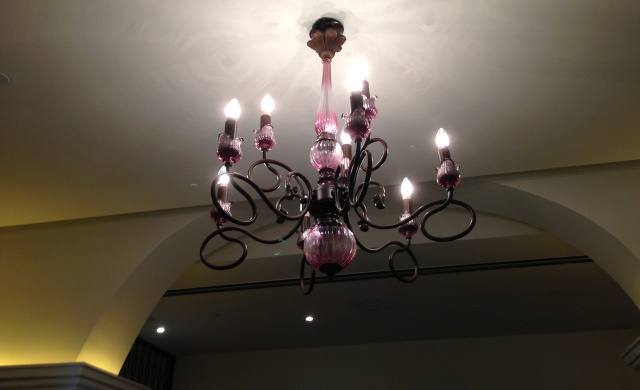 Purple chandeliers at Toots Brasserie