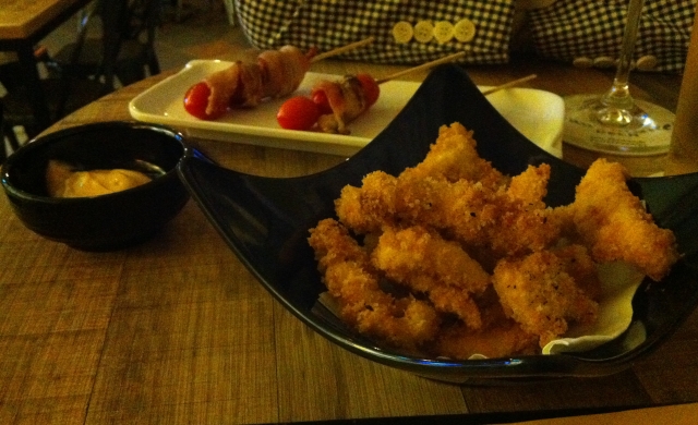 Bacon Cherry Bombs ($6) and Breaded Coq Strips ($6) at Coq & Balls