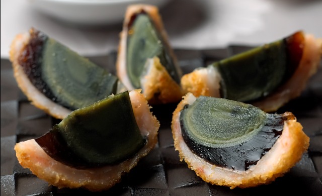 Deep-fried century egg wrapped with shrimp paste