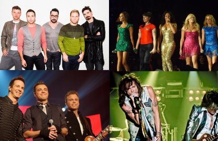 Clockwise from left to right: Backstreet Boys, Spice Girls, Aerosmith, A1