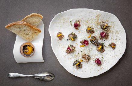 Beef Tartare served with Confit Egg Yolk and Toast, Esquina