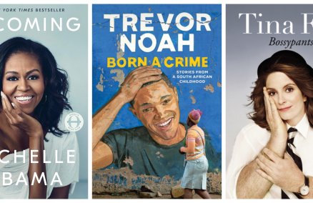 L-R: Becoming by Michelle Obama; Born a Crime by Trevor Noah; Bossypants by Tina Fey