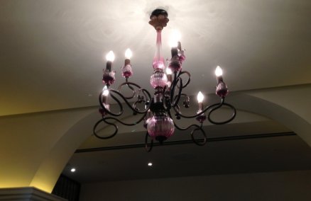 Purple chandeliers at Toots Brasserie