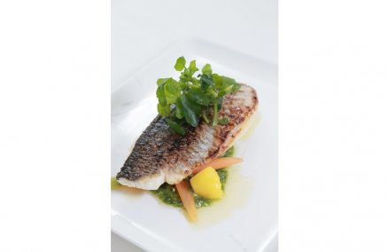 Fillet of sea bass, spring vegetables and pesto dressing sauce