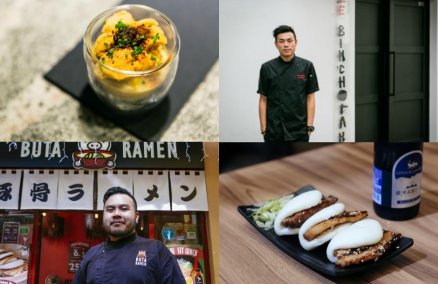 Clockwise from top left: Myosin uni, Jeremmy Chiam, kakuni buns, Sandy Yeo