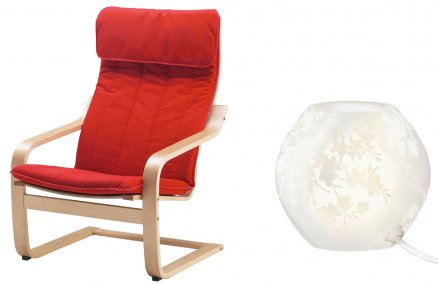 Left: POÄNG armchair, $50; KNUBBIG table lamp, 50% off