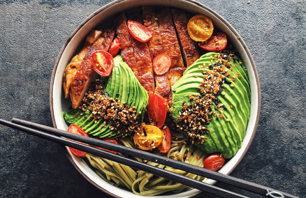 Grilled chicken and avocado, baked cherry tomatoes and sprinkles of furikake on 