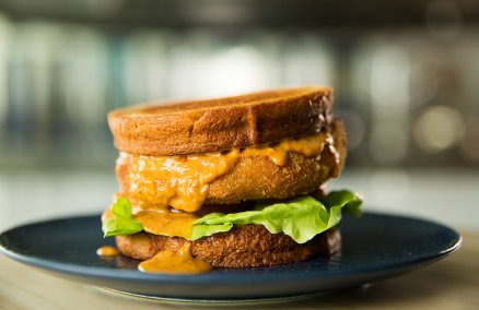 Coconut cream prawn croquette sandwich with laksa cheese