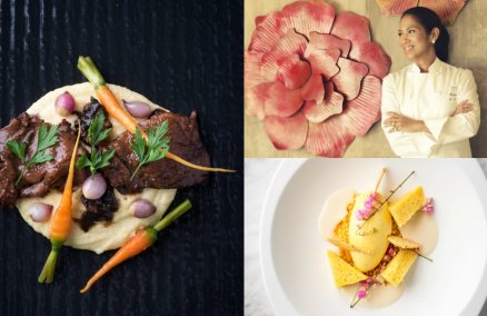 Clockwise: Margarita Forés, Maja blanca moderna and Coq au vin