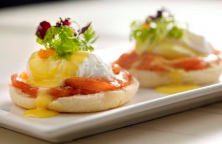 Cured tea salmon benedict with yuzu hollandaise