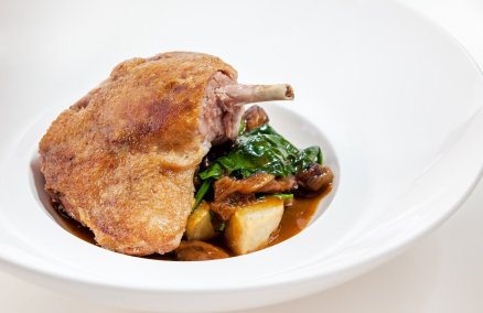 Slow-roasted Challan duck breast  with capers salsa and truffle jus 