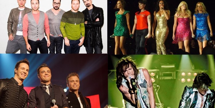 Clockwise from left to right: Backstreet Boys, Spice Girls, Aerosmith, A1