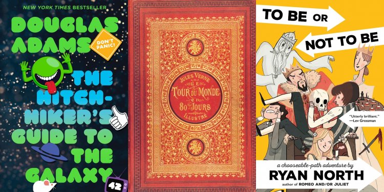 L-R: The Hitchhiker’s Guide to the Galaxy by Douglas Adams, Around the World in Eighty Days by Jules Verne, To Be or Not To Be: A Chooseable-Path Adventure by Ryan North