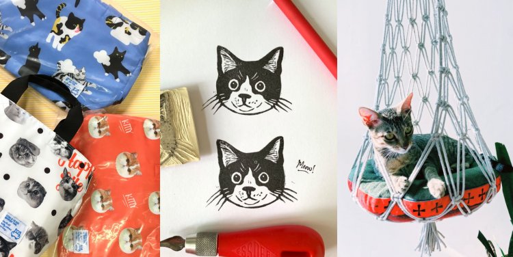 L-R: Cat Mama Shop bags; Cats Blockprinting Workshop by Eat To Draw; Hang with Dora cat hammock
