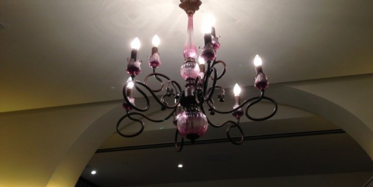 Purple chandeliers at Toots Brasserie