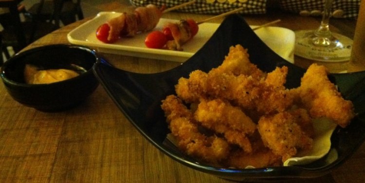 Bacon Cherry Bombs ($6) and Breaded Coq Strips ($6) at Coq & Balls