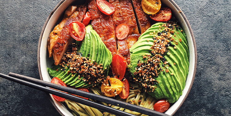 Grilled chicken and avocado, baked cherry tomatoes and sprinkles of furikake on 