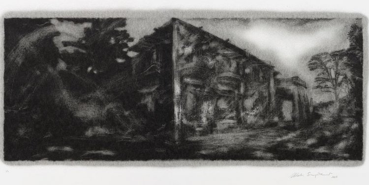 Melati Suryodarmo, HOME 1 (2018). Screenprint with charcoal powder on paper. Image courtesy of the artist and STPI 