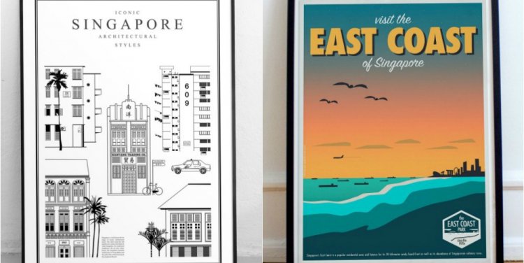 Left: Iconic Singapore architecture, right: East Coast vintage travel poster