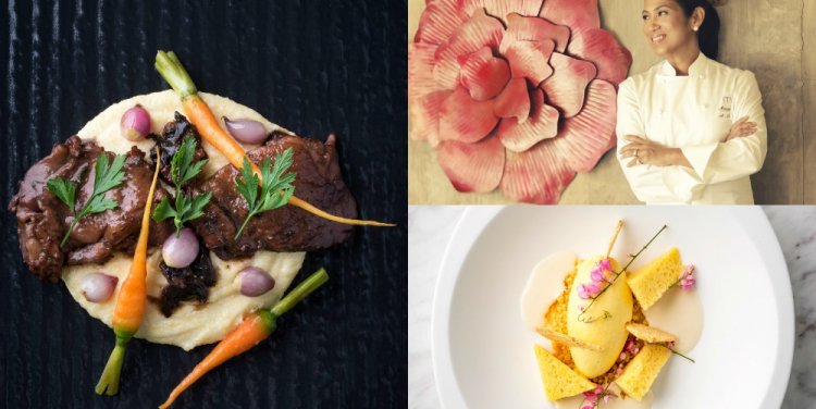 Clockwise: Margarita Forés, Maja blanca moderna and Coq au vin