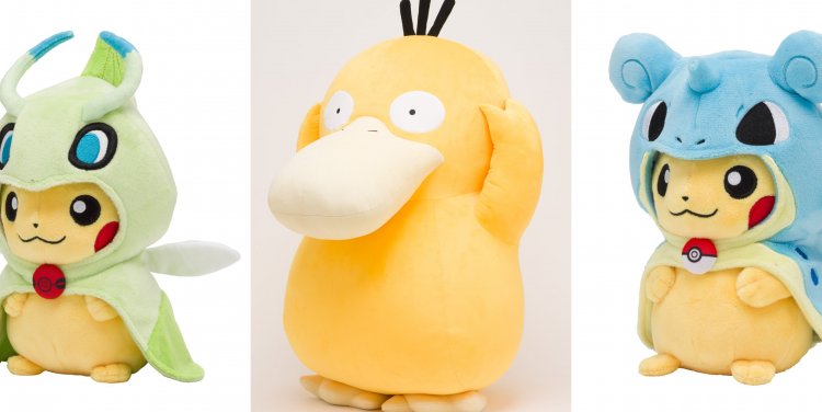 L-R: Pikachu with Celebi Poncho, Life-Sized Soft Toy Psyduck, Pikachu with Lapras Poncho
