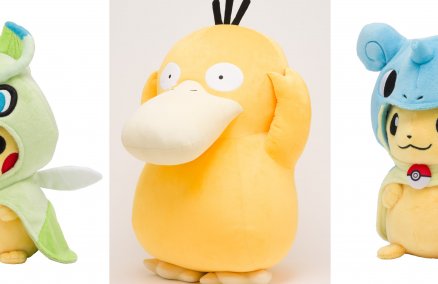L-R: Pikachu with Celebi Poncho, Life-Sized Soft Toy Psyduck, Pikachu with Lapras Poncho