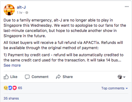, alt-J has cancelled tomorrow&#8217;s gig at the Esplanade Theatre
