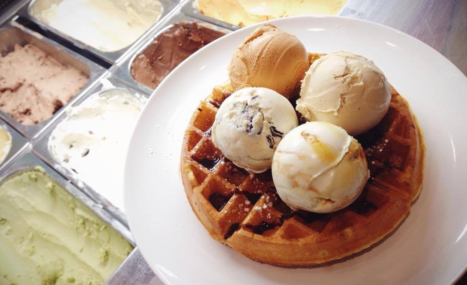 holy cow creamery, waffles with four scoops of ice cream