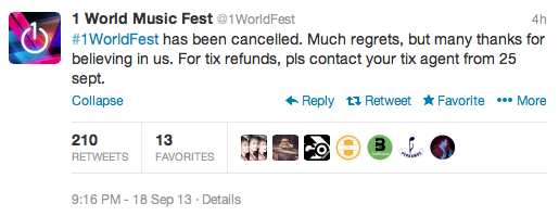 , 1 World Music Festival Canceled Due to “Unforeseen Circumstances”