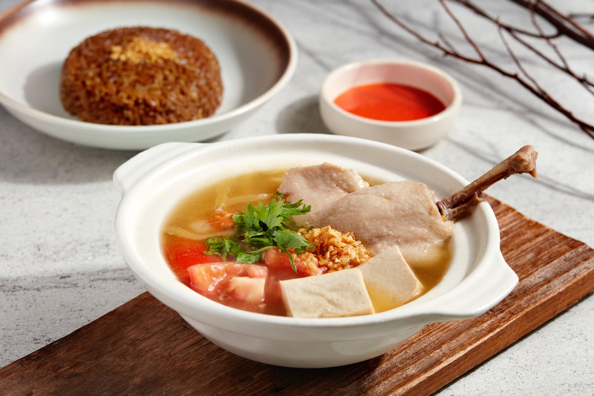 Salted Vege Duck Double Boiled Claypot Soup and Fragrance Duck Fat Garlic Rice