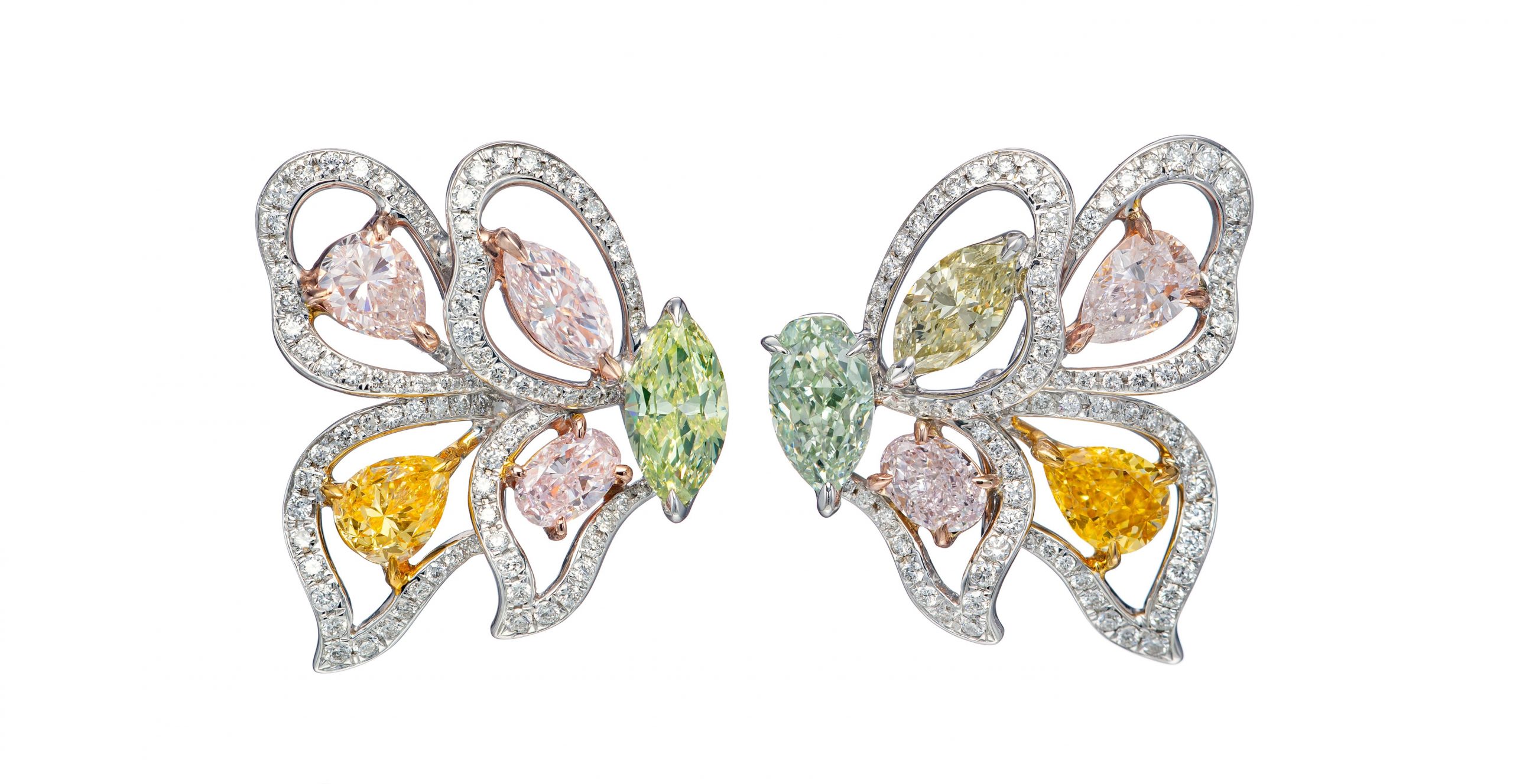 Butterfly earrings with fancy coloured and white diamonds by Vihari Jewels