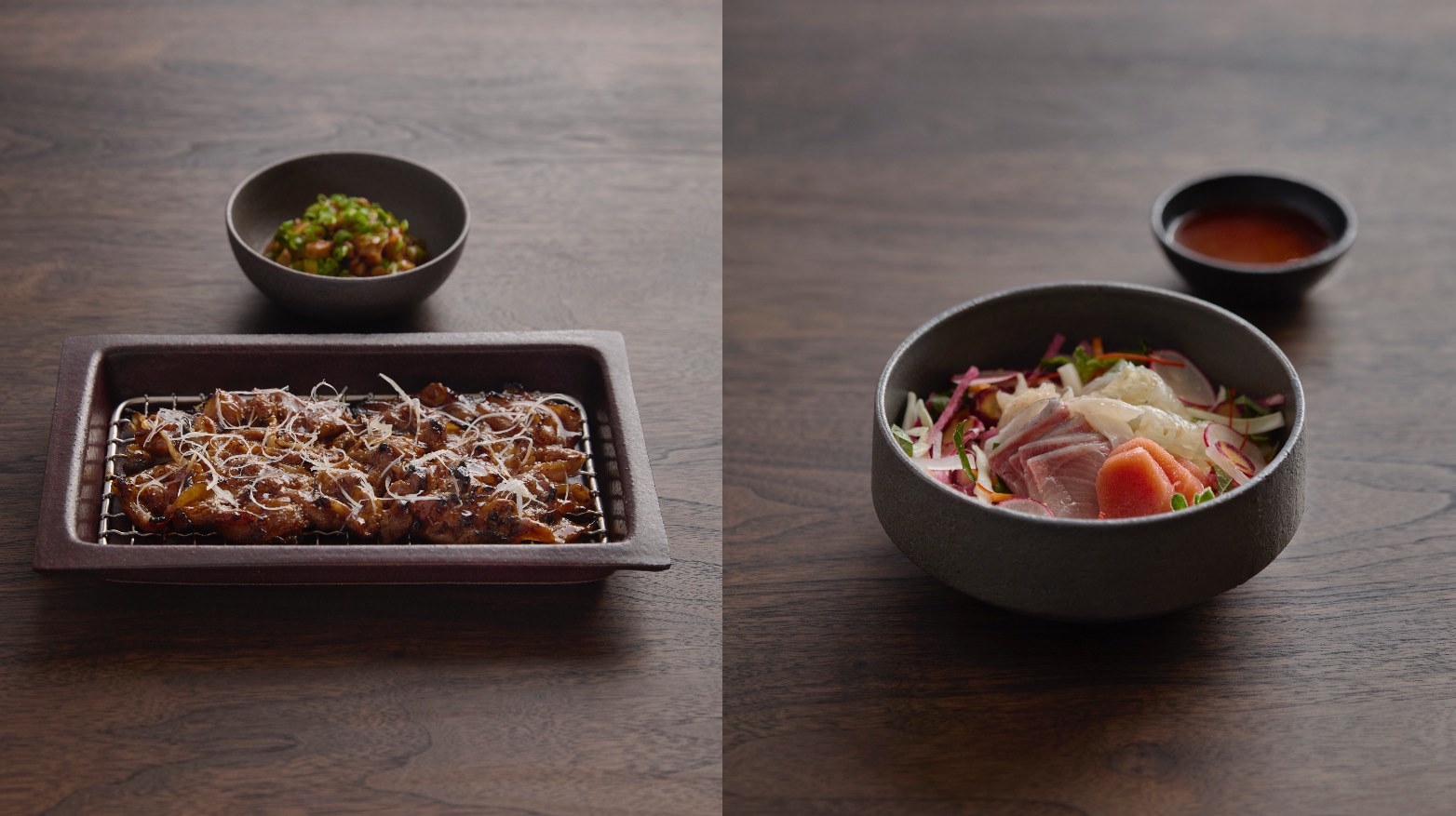 Charcoal-Grilled Pork Bulgogi with Golden Queen’s Rice (left) and Hwe-dupbap (Assorted Raw Seafood and Vegetables Over Rice)