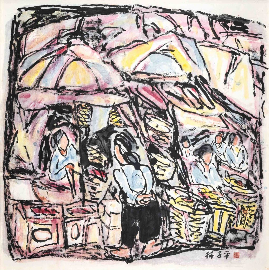 Lim Tze Peng. Hawker. c. 2013-2014. Ink and colour on paper. 96.5 x 96.5 cm. Gift of the artist. Collection of Chung Cheng High School (Main)