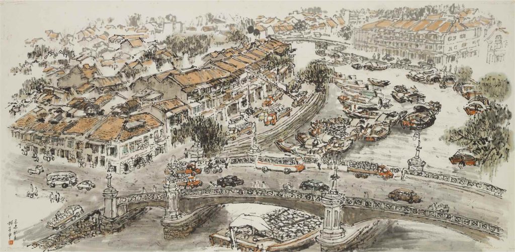 Lim Tze Peng. Singapore River (Coleman Bridge). 1979. Ink and colour on paper, 68 × 139 cm. Istana Art Collection. Photo: National Heritage Board, Singapore.