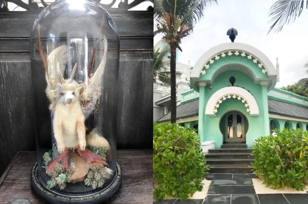 From left: Mythological hybrid animal specimen, and one of the resort's pastel-hued buildings