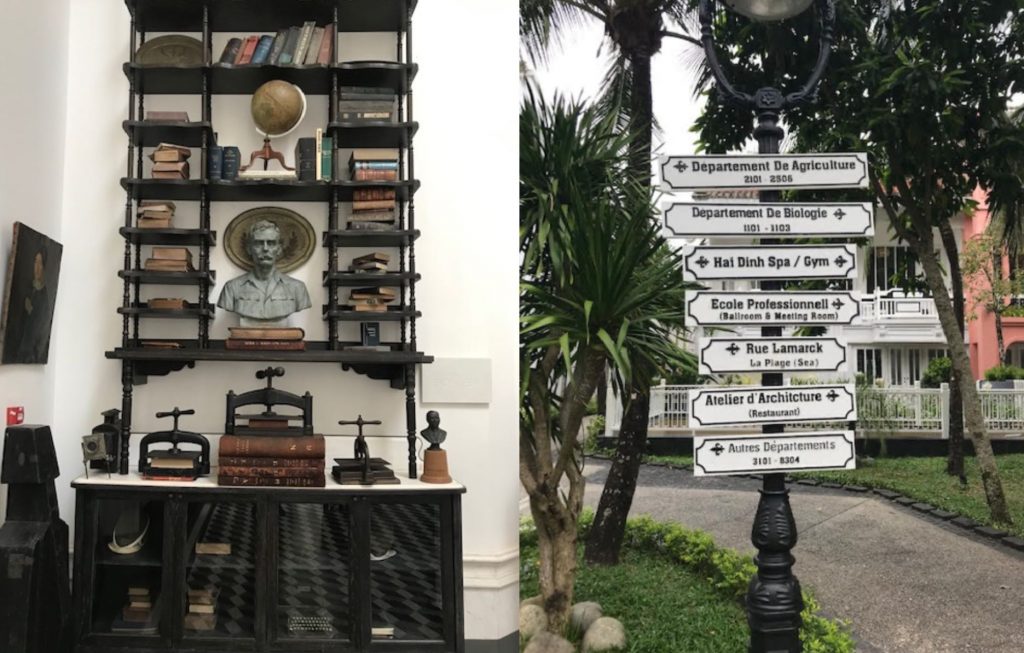 From left: Antique items on display at the lobby; Signs to the different departments on the resort